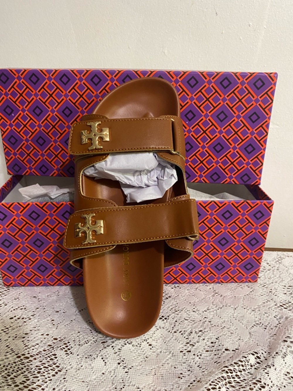 Tory Burch Men's Brown Leather Double-Strap Slides with Gold Logo